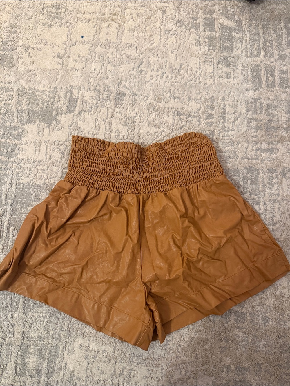 TCEC High-Waist Smocked Faux-Leather Shorts in Camel Brown
